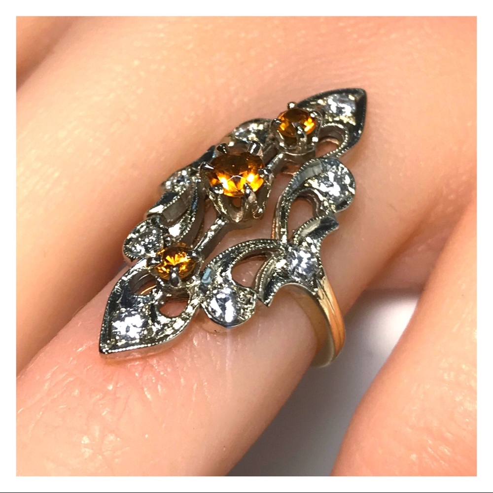14KT GENUINE 1910’S EDWARDIAN HEAVY DIAMOND & CITRINE ANTIQUE NAVETTE RING - Picture 2 of 11
